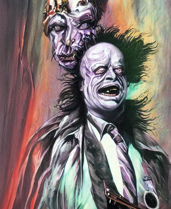 Image similar to a portrait illustration of Beetlejuice, by Les Edwards and francis bacon poster art, detailed