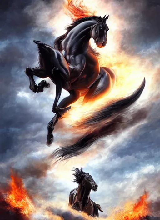 Prompt: the first horseman of the apocalypse riding a strong big black stallion, horse is running, the rider carries a the scales of justice, flames from the ground, artwork by artgerm and rutkowski, breathtaking, dramatic, full view