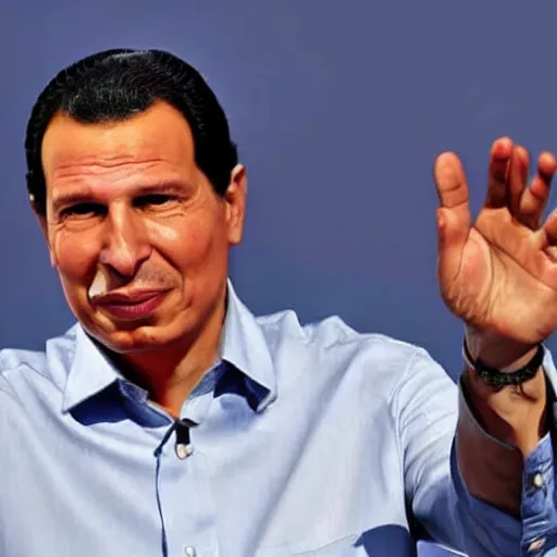 Image similar to spanish president pedro sanchez without a moustache wearing hugo chavez clothes