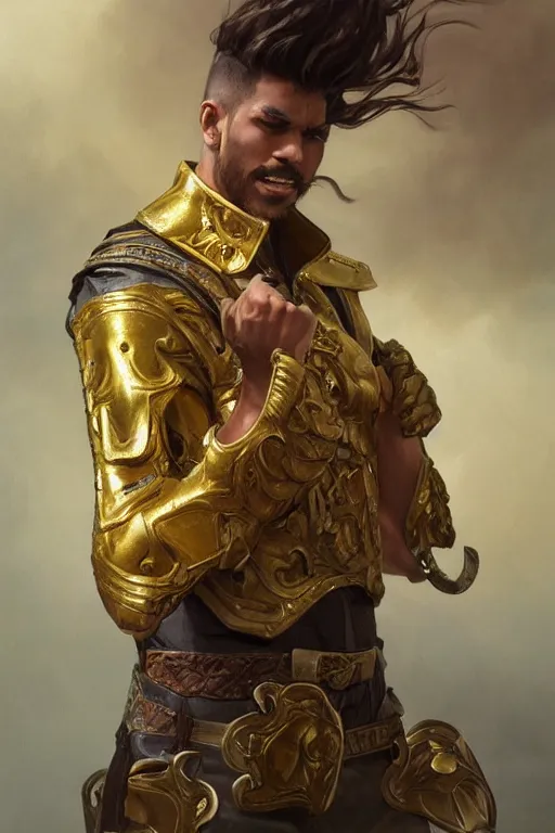 Prompt: portrait of fantasy male brawler with gold teeth and iron fists, western, duster, fantasy, intricate, elegant, highly detailed, digital painting, artstation, concept art, sharp focus, illustration, art by artgerm and greg rutkowski and alphonse mucha