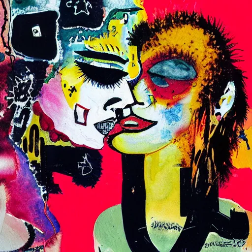 Prompt: watercolor painting of two bizarre psychedelic punk women kissing each other closeup in an airplane in japan, speculative evolution, mixed media collage by basquiat and jackson pollock, maximalist magazine collage art, sapphic art, lesbian art, chemically damaged