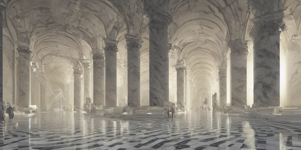 Image similar to the grand magical entrance, marble floors, art by kotaro chiba, volumetric lighting, epic composition