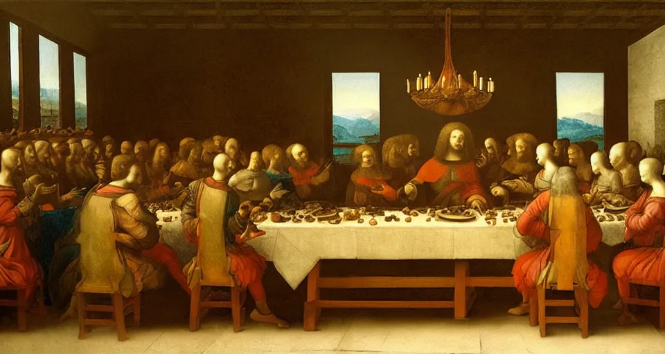 Prompt: painting of the final dinner, leonardo da vinci