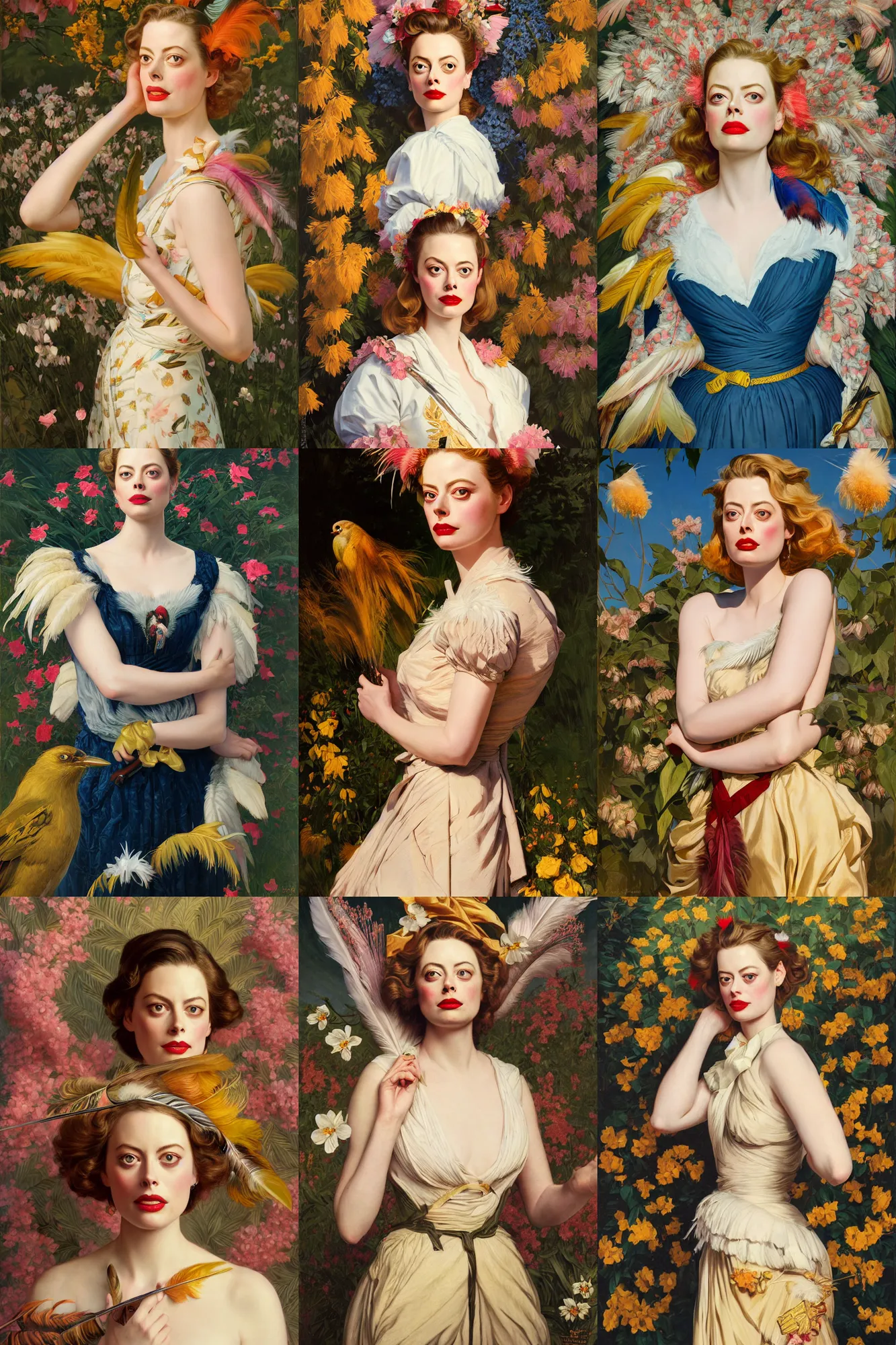 Prompt: gillian jacobs staring ahead, wearing feathers in a flower garden, golden hour, artstation, by j. c. leyendecker, george hitchcock and peter paul rubens,