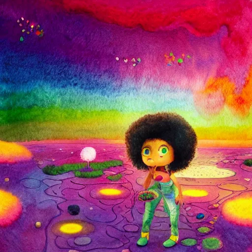 Image similar to a black girl with a colorful afro and rainbow eyes discovering a lush desert oasis with a glowing reflective pond and fireflies at sunset, bright colours, watercolor, volumetric wool felting, macro photography, children illustration, by goro fujita