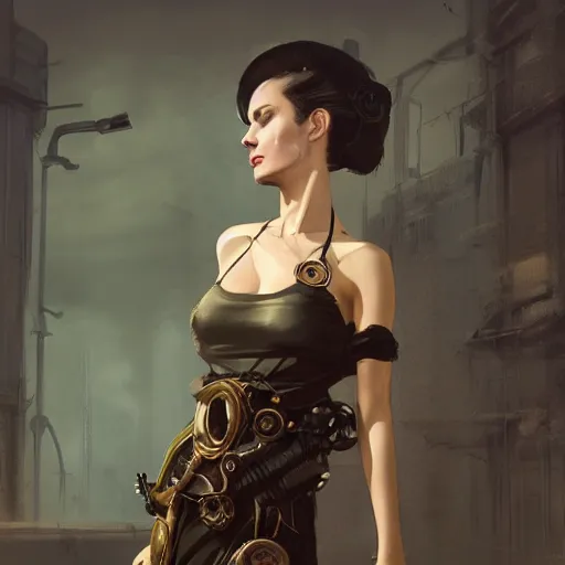 Image similar to an attractive women in a steampunk style high cut dress by greg rutkowski, sung choi, mitchell mohrhauser, maciej kuciara, johnson ting, maxim verehin, peter konig, 8 k photorealistic, cinematic lighting, hd, high details, dramatic, dark atmosphere, trending on artstation