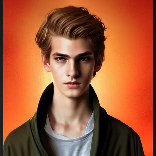 Image similar to colorful Captivating teenage boy with brown blond hair and facial structure like andrew garfield, brown eyes with red eye markers, slim body, wearing a detailed Japanese kimono with golden details, atmospheric lighting, painted, intricate, 4k, highly detailed by Charlie Bowater