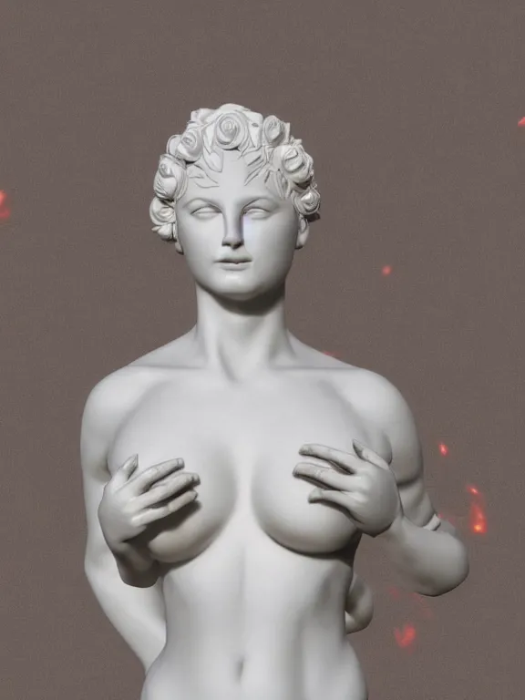 Image similar to portrait art venus of milo sculpture made of white marble, concept art, red roses exploding from her heart, volumetric lighting, hyperrealistic, focused, extreme details, masterpiece, fine details