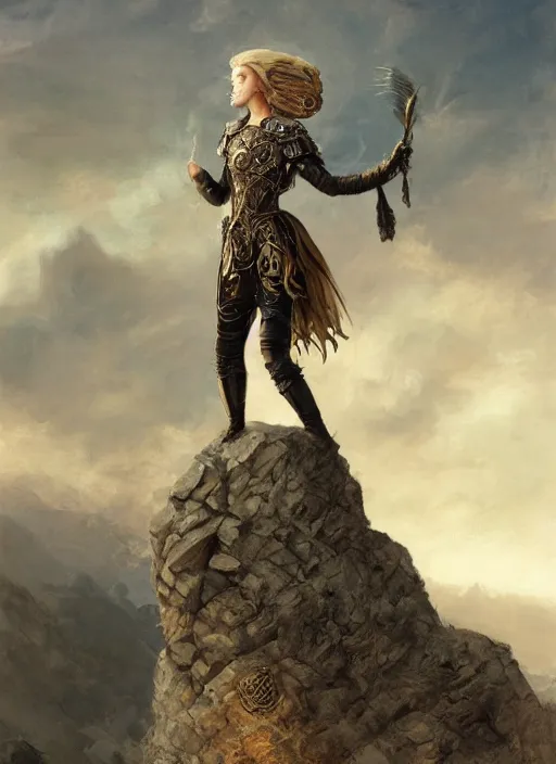 Image similar to highly detailed steampunk armor on a blond who is standing on a rock : leonardo da vinci, greg rutkowski, magali villeneuve