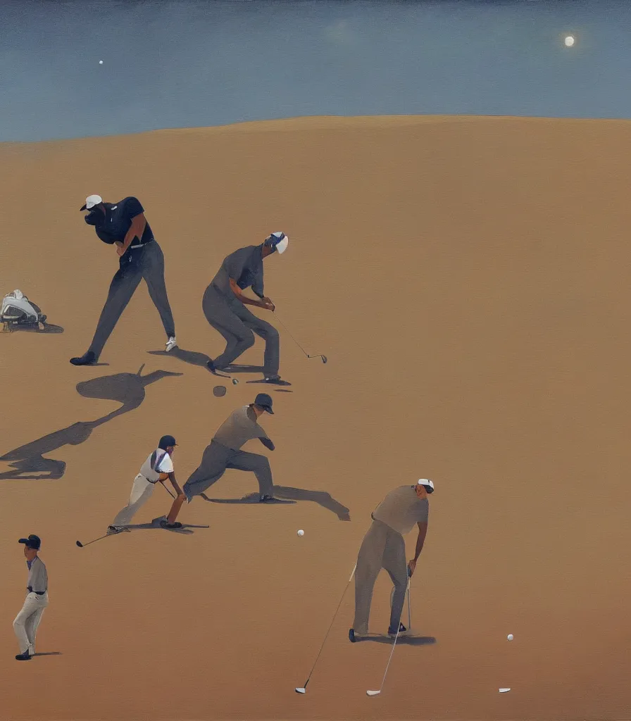 Prompt: a painting of Tiger Woods and Jack Nicklaus playing golf on mars gazing into a universe full of nebular in the aesthetic of Shaun Tan and Edward Hopper