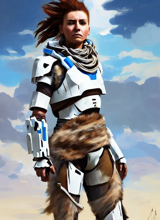 Image similar to portrait of a caucasian Aloy from Horizon Zero Dawn in white clothes Stormtrooper armor, desert, calm, fantasy character portrait, dynamic pose, above view, sunny day, clouds in the sky, artwork by Jeremy Lipkin and Giuseppe Dangelico Pino and Michael Garmash and Rob Rey and Greg Manchess, very coherent asymmetrical artwork, sharp edges, perfect face, simple form, 100mm