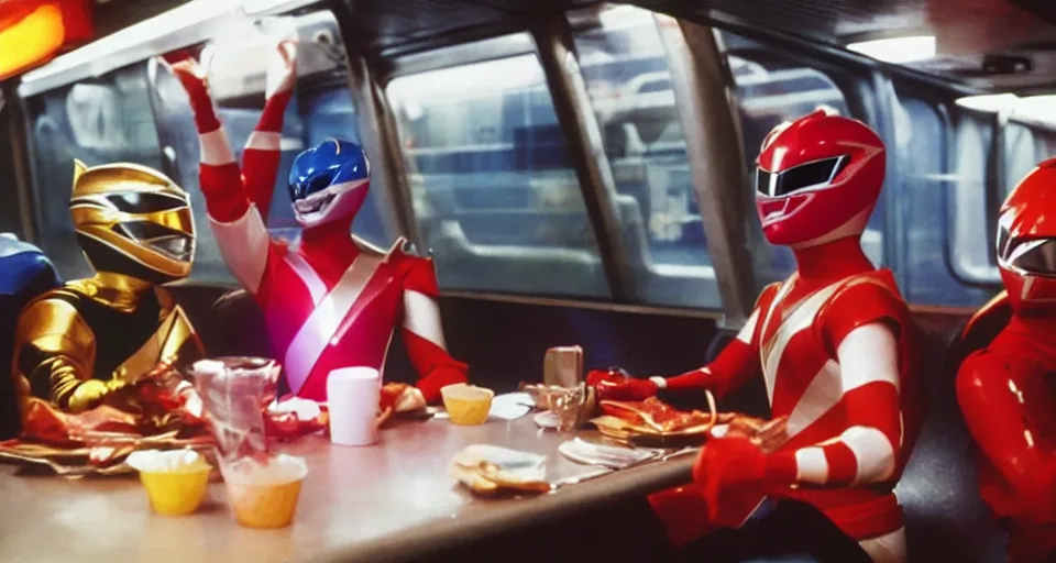 Prompt: Power Rangers film, a scene where A Power Ranger is eating only alone in a dark diner, he is tired and sitting on the subway Seats, Dark cinematic color tones.