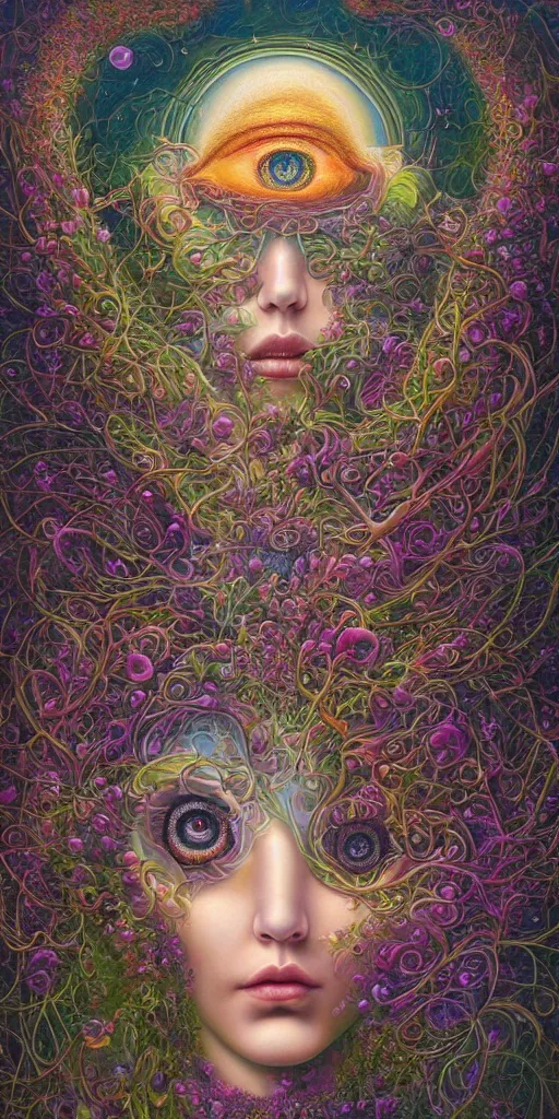 Image similar to a beautiful surrealist painting of deep dimensional realms of universal consciousness a beautiful face emerges with their third eye wide open by hanna yata, geenss archenti flores, digital art