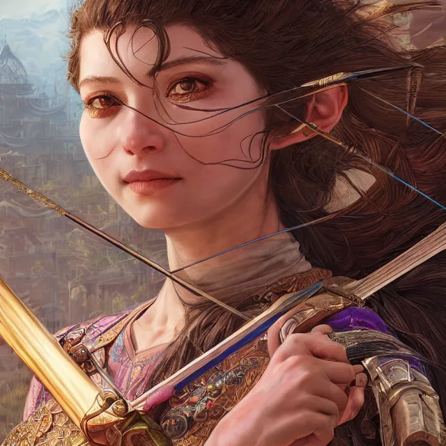 Prompt: the portrait of lawful neutral semi - colorful female archer huntress as absurdly beautiful, gorgeous, elegant, young girl, an ultrafine hyperdetailed illustration by kim jung gi, irakli nadar, intricate linework, bright colors, octopath traveler, final fantasy, unreal engine 5 highly rendered, global illumination, radiant light, detailed and intricate environment