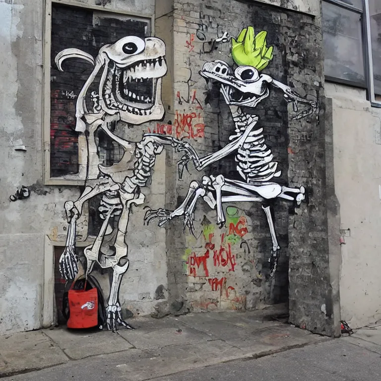 Image similar to Street-art painting of funny crocodile-skeleton in style of Banksy, comic character, cute skeleton, cartoon style, photorealism
