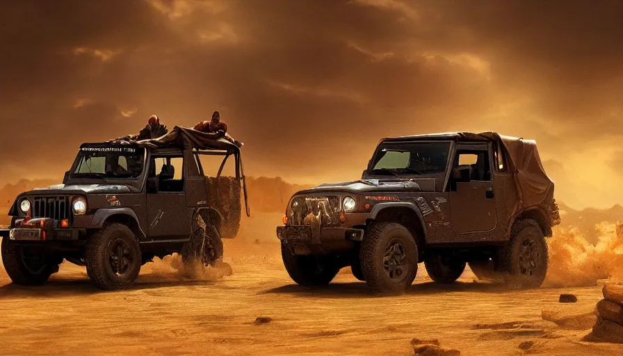 Prompt: Mahindra thar, tribe members attacking, action scene, an epic fantasy, dramatic lighting, cinematic, establishing shot, extremely high detail, photorealistic, cinematic lighting, artstation, matte painting, by christopher nolan, horizon forbidden west