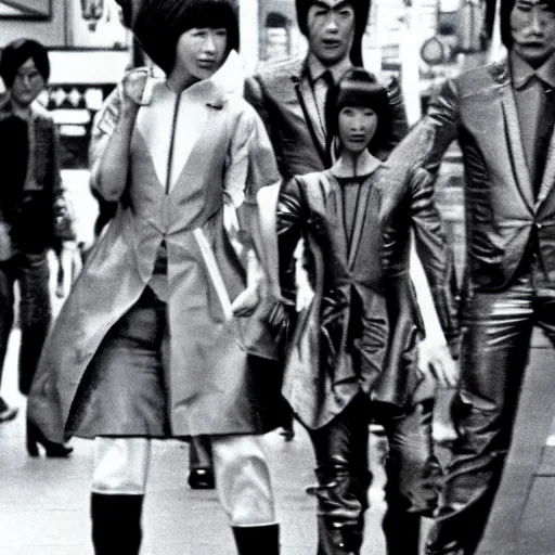 Image similar to 1 9 7 0 s japanese tv show, bw, cyborg monsters walking the streets of shinjuku,