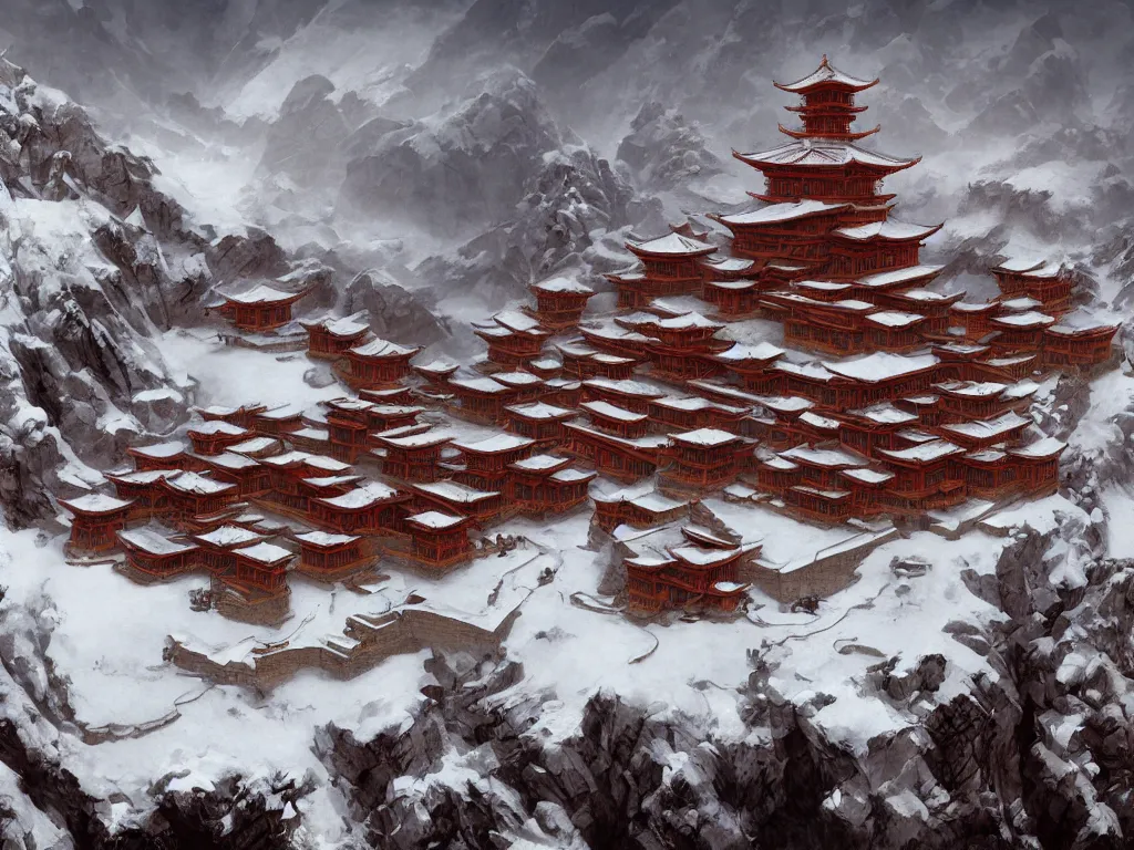 Image similar to shaolin monastery on snowy mountain, artstation, by frank frazetta, concept art, digital art, cool color palette, 8 k, sad, incandescent, cinematic lighting, ray tracing ambient occlusion, in a symbolic and meaningful style, insanely detailed and intricate, hypermaximalist, elegant, ornate, hyper realistic, super detailed