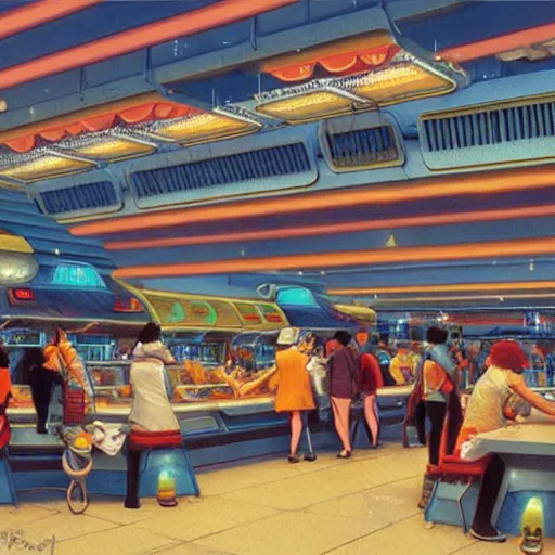 Prompt: food court at a crowded space station, michael whelan, cyberpunk, retrofuture, illustration