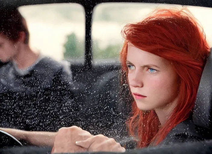 Image similar to A very high resolution image from a new movie, inside of a car, teen red hair woman, raining, hot, directed by wes anderson