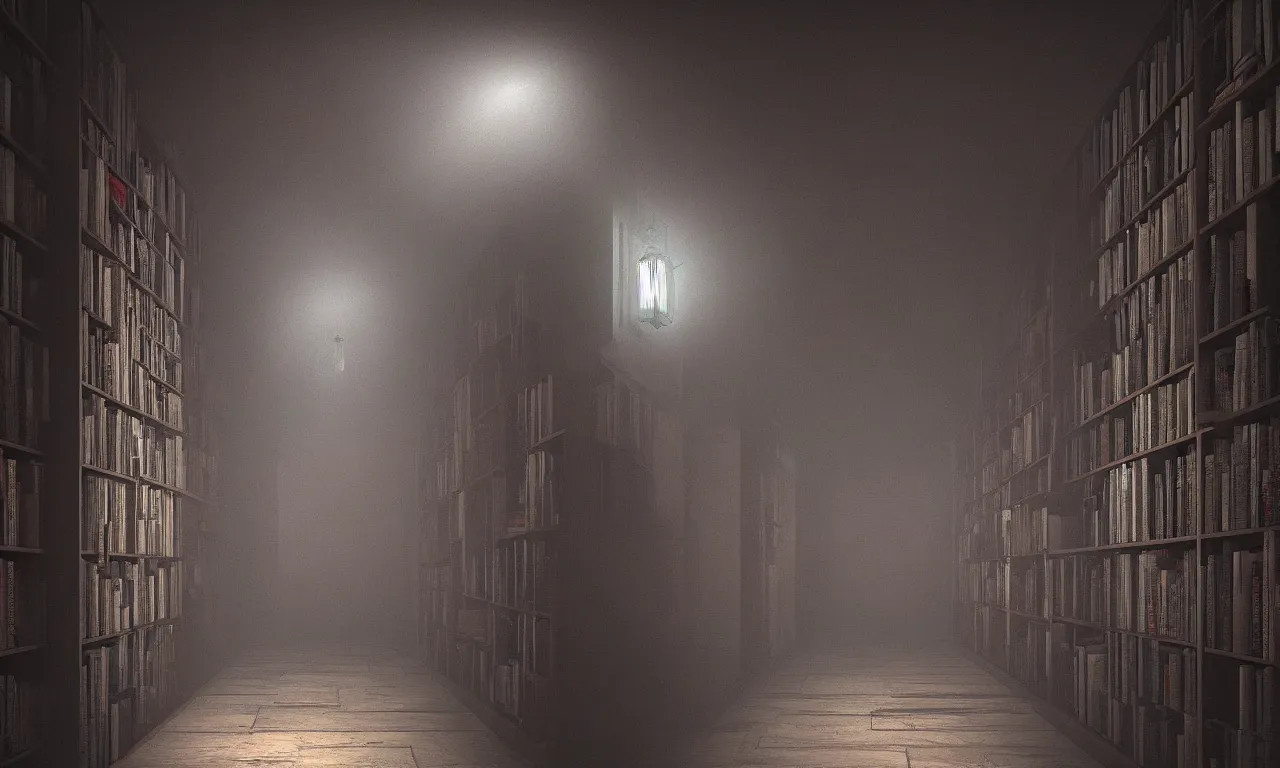 Prompt: dark scary horror corridor with bookshelves everywhere by Taras Susak, artstation, wallpaper, volumetric light.