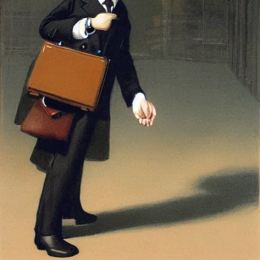 Prompt: a monkey wearing a suit and holding a briefcase on his way to work, painted by michael sowa