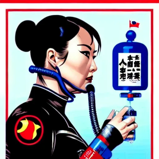 Image similar to a profile photo of a chinese spy woman side profile with a diving oxygen mask with side profile blood in ocean intricate details by MARVEL comics and Sandra Chevrier-C