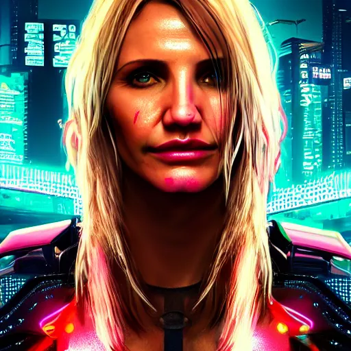 Image similar to cameron diaz portrait, Cyberpunk 2077, cyberpsycho, photorealistic, ultra detailed, neon, octane, bokeh, cyber, cyberpunk city, feature, scars, cyberface, 8k