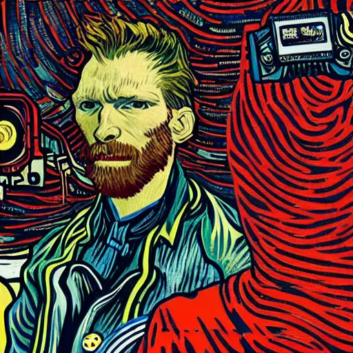 Image similar to Illustrated by Shepard Fairey and H.R. Geiger | Cyberpunk VAn Gogh with VR helmet, surrounded by cables