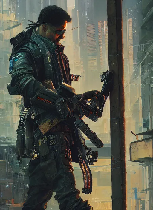 Image similar to Ezra. Cyberpunk mercenary in tactical gear climbing a security fence. rb6s, (Cyberpunk 2077), blade runner 2049, (matrix). Epic painting by Craig Mullins and Alphonso Mucha. painting with Vivid color.