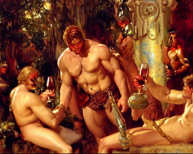 Image similar to ares drinks wine with hercules, painting by gaston bussiere, craig mullins, j. c. leyendecker, tom of finland