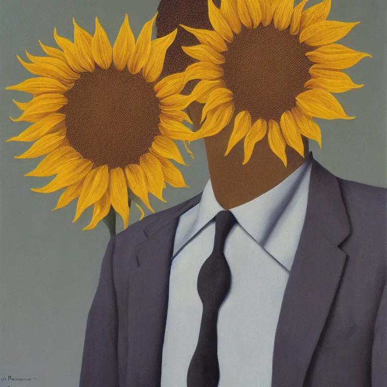 Image similar to portrait of a faceless sunflower - head man in a suit by rene magritte, detailed painting, distance, centered, hd, hq, high resolution, high detail, 4 k, 8 k