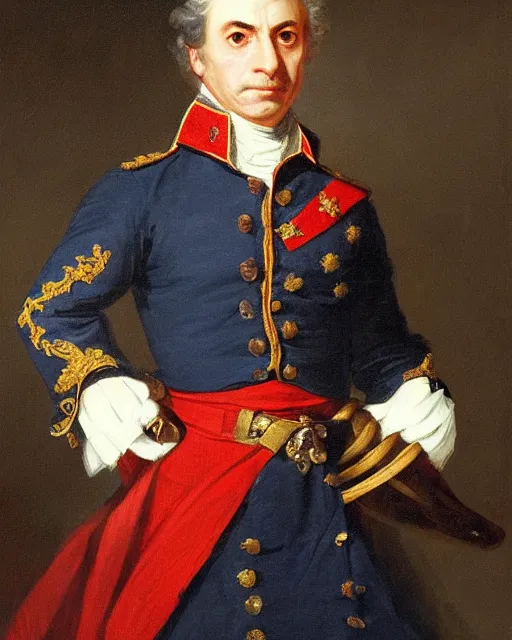 Image similar to dark brown cat with dark eyes and serious expression wearing 1 8 th century royal guard uniform in navy blue and red, joseph ducreux, greg rutkowski, regal, stately, royal portrait, painting