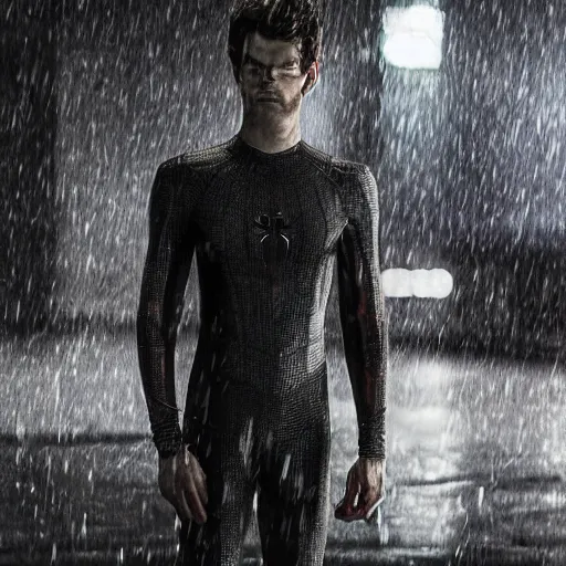 Image similar to photograph of andrew garfield spider - man, cinematic, photorealistic, city, night, rain