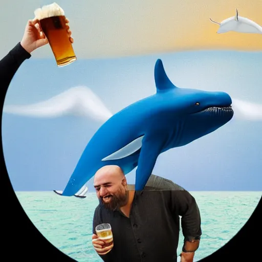 Image similar to A realistic photo of a happy man drinking a beer on the top of a flying whale