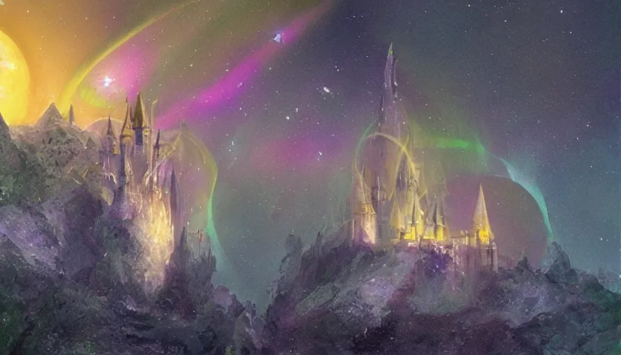 Prompt: The radiant citadel. Floating in the deep ethereal and pierced by the Auroral diamond