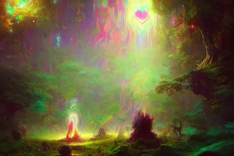 Image similar to a psychedelic realm hidden away in a pocket of ethereal understanding astral beings sharing love greg rutkowski wlop lisa frank bob ross ruan jia illustration