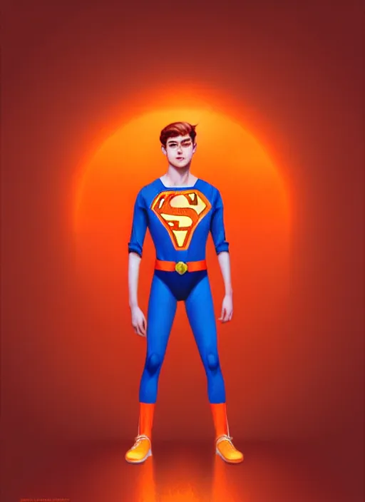 Prompt: teenage archie andrews wearing an orange superhero costume, intricate, elegant, glowing lights, highly detailed, digital painting, artstation, sharp focus, illustration, art by wlop, mars ravelo and greg rutkowski