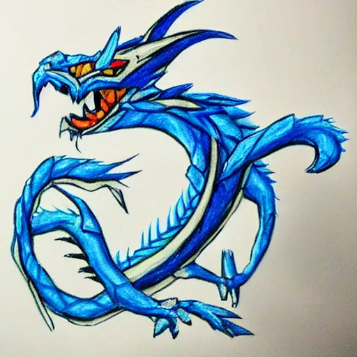 Prompt: wax crayon drawing of the blue - eyes white dragon from yu - gi - oh