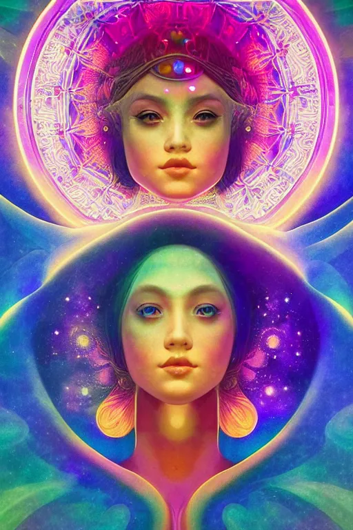 Prompt: beautiful goddess of space and dreams, psychedelic, mandala, coherent design, symmetrical, face by artgerm, trending on artstation, vivid color, complementary color, golden ratio, detailed, sharp lines, sharp focus, intricate, rainbowshift, maxfield parrish, alphonse mucha, deviantart, octane render