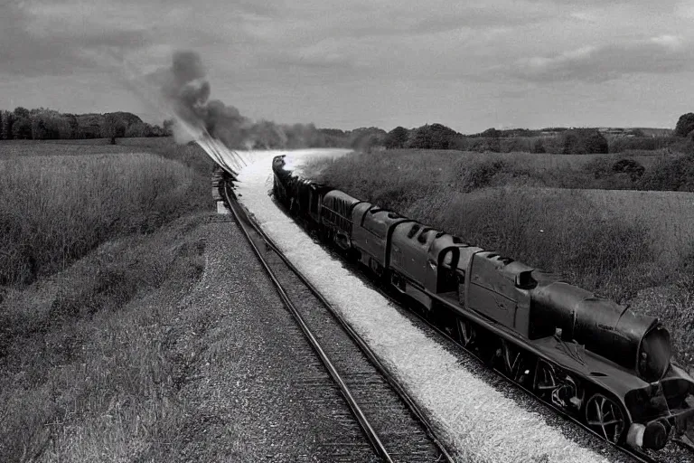 Image similar to black and white photograph of the lner a 4 mallard thundering down the rails at high speed, black smoke wooshing from the locomotive, cinematic, volumetric light, f 6 aperture, cinematic eastman 5 3 8 4 film