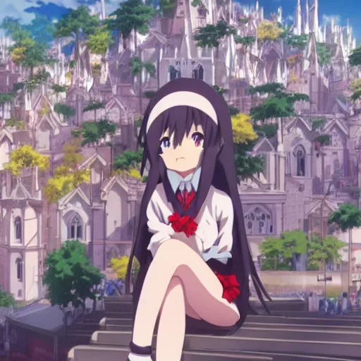 Prompt: Key Anime Visual a macro anime girl sitting on a miniature cathedral, surrounded by a massive miniature crowd, official modern anime