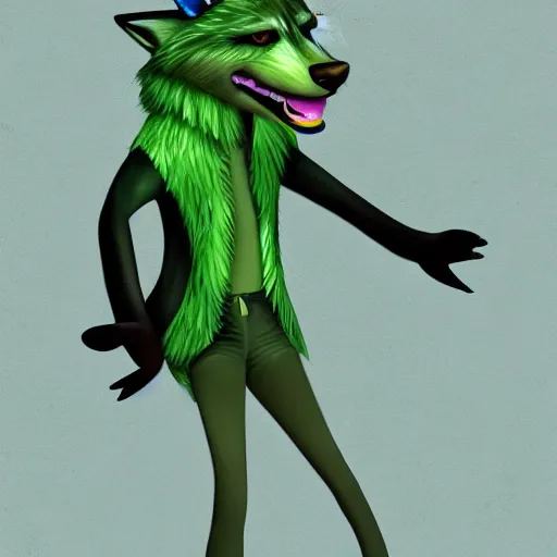 Image similar to Beautiful digital painting of an anthro anthropomorphic pastel-green wolf, Punk outfit.