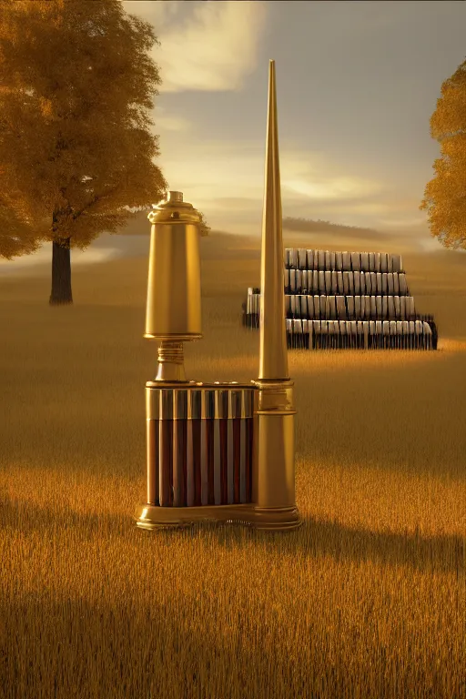 Prompt: a detailed render of an isolated lonely large pipe organ with large golden pipes in the middle of a field, intertwined with a lone stone column, trending on artstation, render, 3 d, octane, 4 k, 8 k, unreal engine, cinema 4 d, baroque, art deco