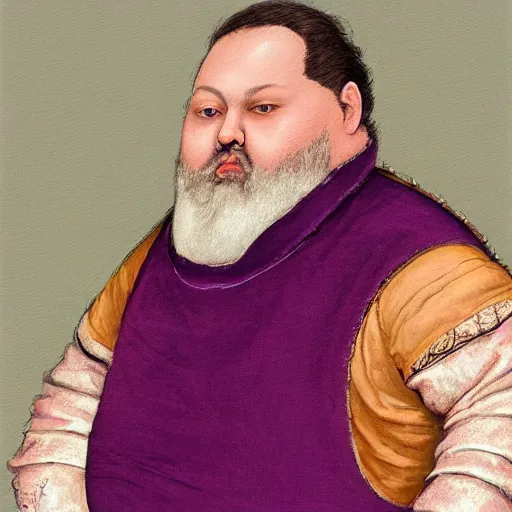 Prompt: A stunning portrait of a fat bearded renaissance era merchant wearing purple velvet finery. He has multiple chins and a huge gut. Epic fantasy art, , cinematic, digital painting, artstation, concept art, character design, smooth, sharp focus, illustration, illustration painting by Mandy Jurgens and Małgorzata Kmiec and Dang My Linh and Lulu Chen and Alexis Franklin and Filip Hodas and Pascal Blanché and Bastien Lecouffe Deharme, detailed intricate ink illustration