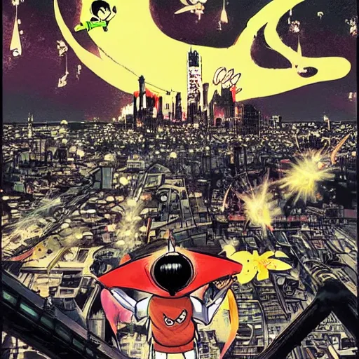 Image similar to “Astro Boy Demon nº625 Manga cover with an illustration of astroboy flying over a big messy luminous city, bird eyes view of the city, full of japanese signs, Ashley wood style, dynamic composition, printed on paper”