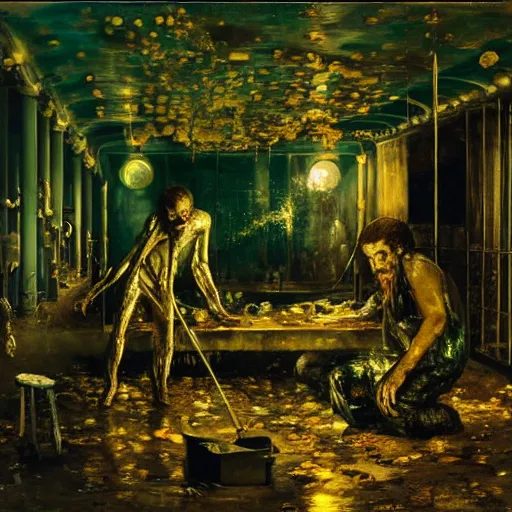 Prompt: realistic Courbet painting of a dark sci-fi laboratory at night, dark green ambient, zombiewalking dressed in rags made of guts and veins dripping golden shiny metalic fluid from ribcage to the floor. liquid shiny pool of gold on the floor.