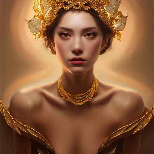 Prompt: expressive oil painting, of alluring european princess, seductive look, smirk, smooth glowing skin, glistening body, love, adoration, sweat, ornate headpiece made from leaves, glamour shot, by yoshitaka amano, by greg rutkowski, by jeremyg lipkinng, by artgerm, digital art, octane render, grunge aesthetic