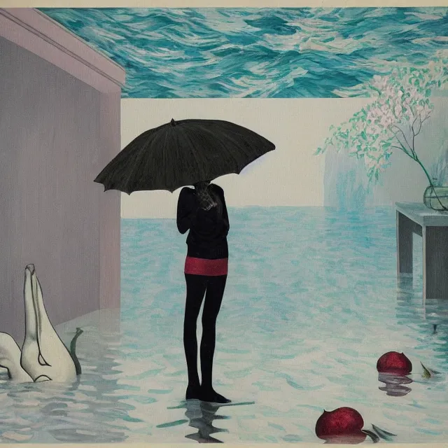 Image similar to tall female emo artist in her flooded kitchen, water gushing from ceiling, painting of flood waters inside an artist's home, a river flooding indoors, pomegranates, pigs, ikebana, zen, water, octopus, river, rapids, waterfall, black swans, canoe, berries, acrylic on canvas, surrealist, by magritte and monet