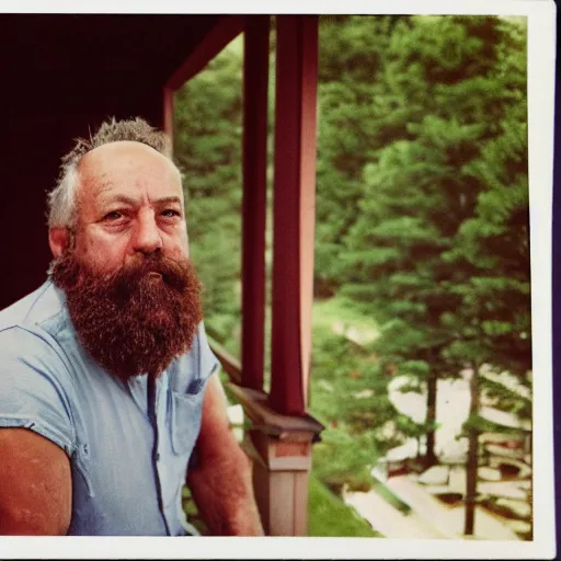 Image similar to a grumpy, top-heavy 60 year old man with short curly brown hair and a big beard sitting on his back porch next to a table covered in empty cigarette cartons and lottery tickets, 8mm lens photography,